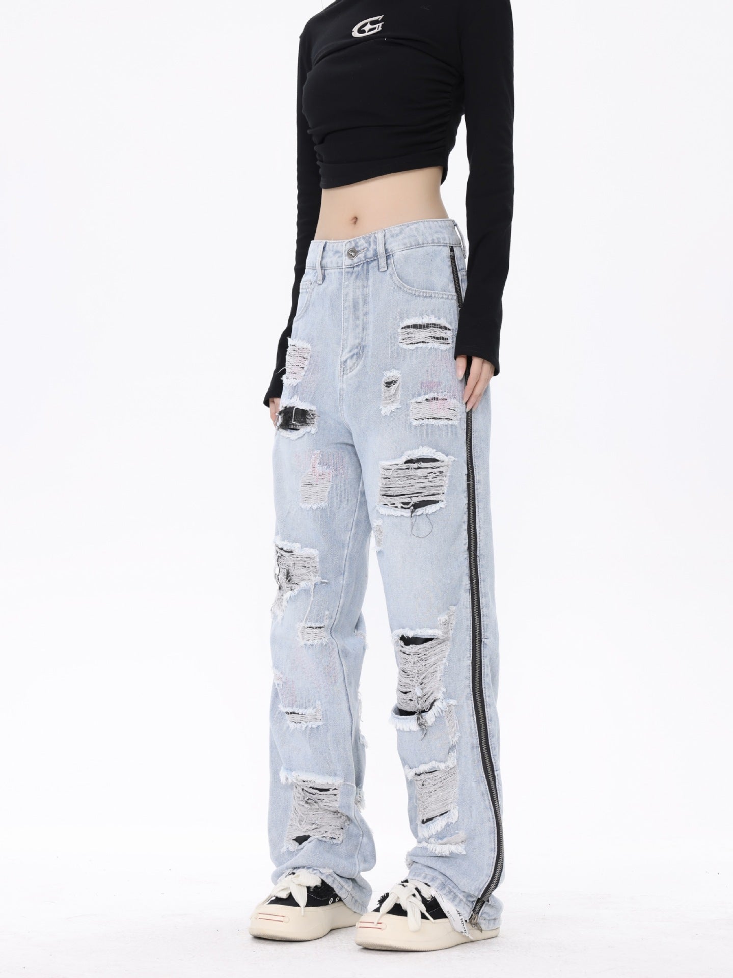 American Street Retro Tattered Jeans Washed Jeans